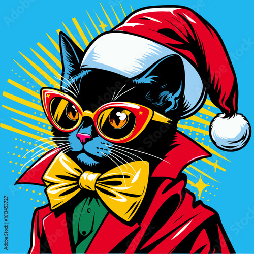 Black cat in Santa hat and bright suit in pop art vector style