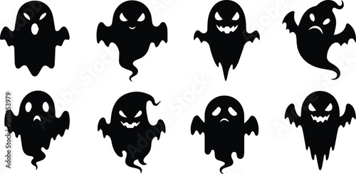 a collection of eight black silhouette ghosts with various spooky and expressive faces on a white background