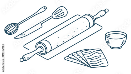 Hand-Drawn Baking Utensils Clipart – Kitchen Tools and Rolling Pin Illustration