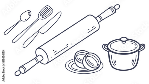 Hand-Drawn Kitchen Utensils Clipart – Cooking Tools Line Art Illustration