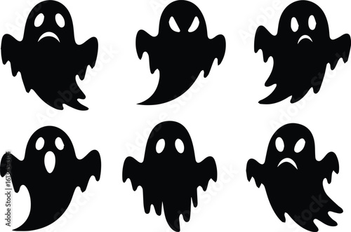 a set of six black ghost icons with various expressions, perfect for halloween themes