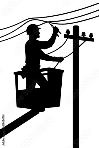 Electrician in helmet working on power line from hydraulic lift — man in safety gear using tool to repair electrical wire while elevated in bucket near the top of utility pole

