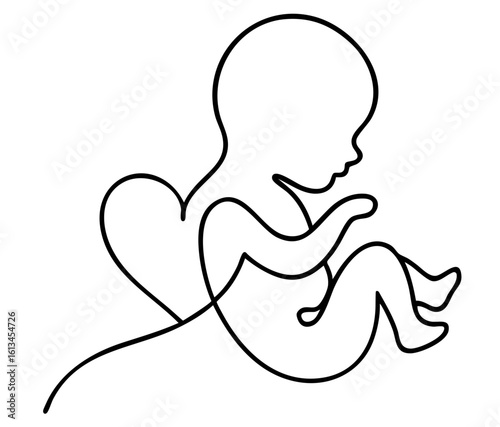 One-line drawing of a baby with heart symbol. motherhood, pregnancy, prenatal love, infant care, and maternal connection