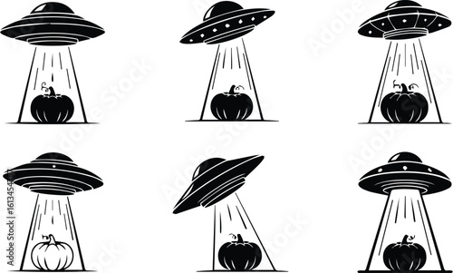 six illustrations of ufos emitting beams of light to abduct pumpkins, a unique halloween theme
