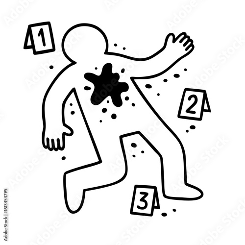 Crime scene chalk outline with numbered evidence markers and blood stain. forensic body sketch, murder investigation, homicide case, police crime scene analysis