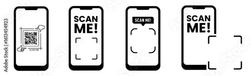 QR code scan interface on smartphone screen. Scan Me text and frame markers for app payment, quick access, authentication, coupon redemption, mobile user interaction design