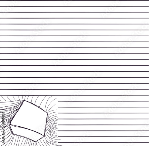 Lined sheet with a block or object at the bottom. Thin lines or ropes or grass extending from the object.