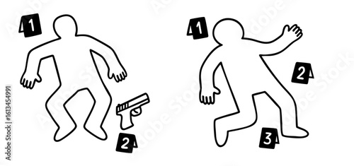 crime scene outlines of two bodies on the floor with numbered evidence markers and a handgun. simplified forensic silhouettes referencing detective stories, murder investigations, humorous true crime 