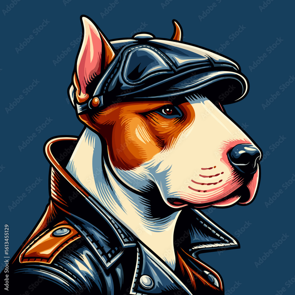 Obraz premium Bull Terrier in a leather cap in iconic pop art vector style