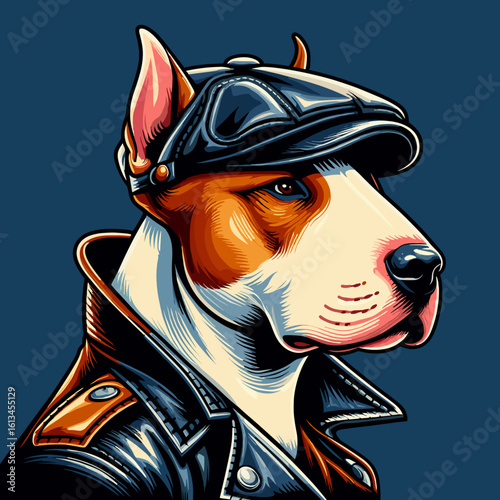 Bull Terrier in a leather cap in iconic pop art vector style