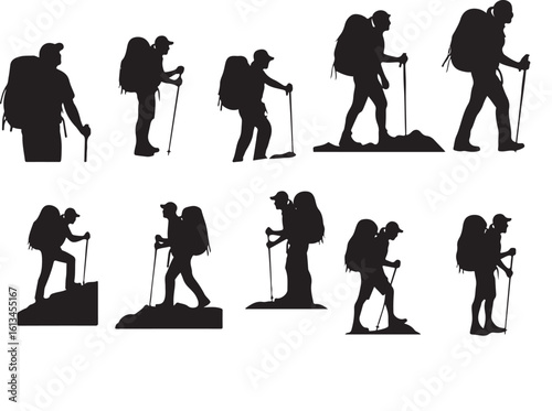Hiker Vector Silhouettes – Backpacking Man Outdoor Poses