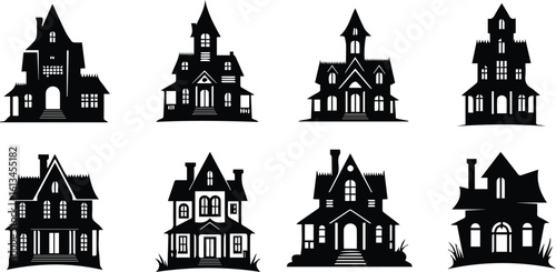 a collection of spooky haunted house silhouettes, perfect for halloween decorations and designs