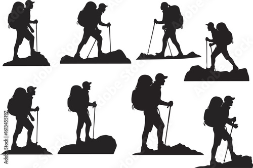 Hiker Vector Silhouettes – Backpacking Man Outdoor Poses