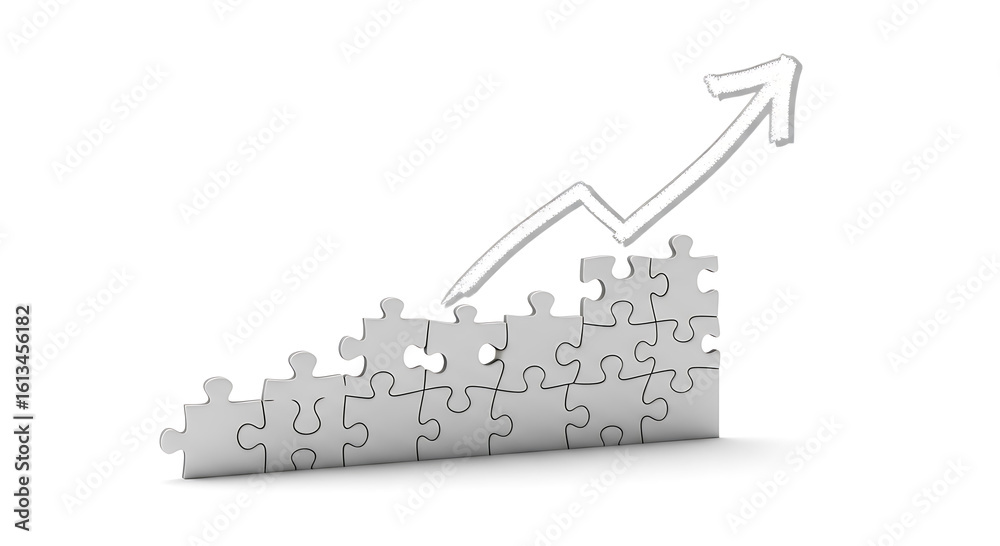 Fototapeta premium White puzzle pieces forming an upward trending graph with a sketched arrow image
