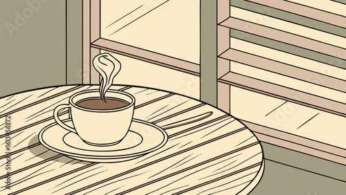 A cup of coffee with steam on a saucer sits on a round wooden table near a window with blinds open