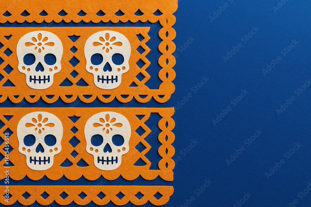 traditional papel picado decorations with skull motifs for dia de los muertos on blue background symbolizing mexican culture and festive celebration traditional papel picado decorations with skull motifs for dia de los muertos on blue background symbolizing mexican culture and festive celebration