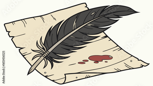 Illustration of a black quill pen resting on aged parchment with scattered red ink droplets on the surface