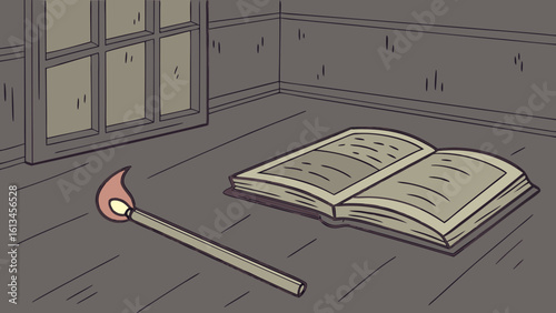 Illustration of a lit match and an open book on the floor near a window in a dimly lit room scene