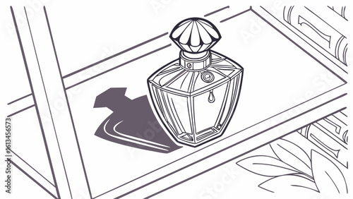 Perfume bottle with faceted stopper and a drop on a shelf with decorative elements line drawing