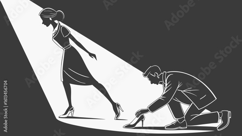 Illustration of a woman walking in a spotlight while a man kneels to pick up her shoe in black and white