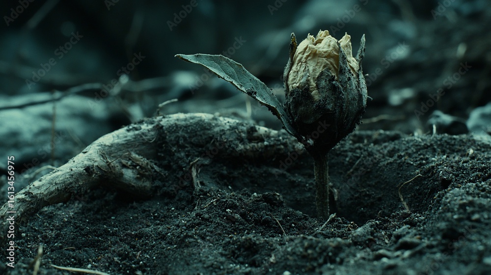 Fototapeta premium Faded flower bud in desolate soil