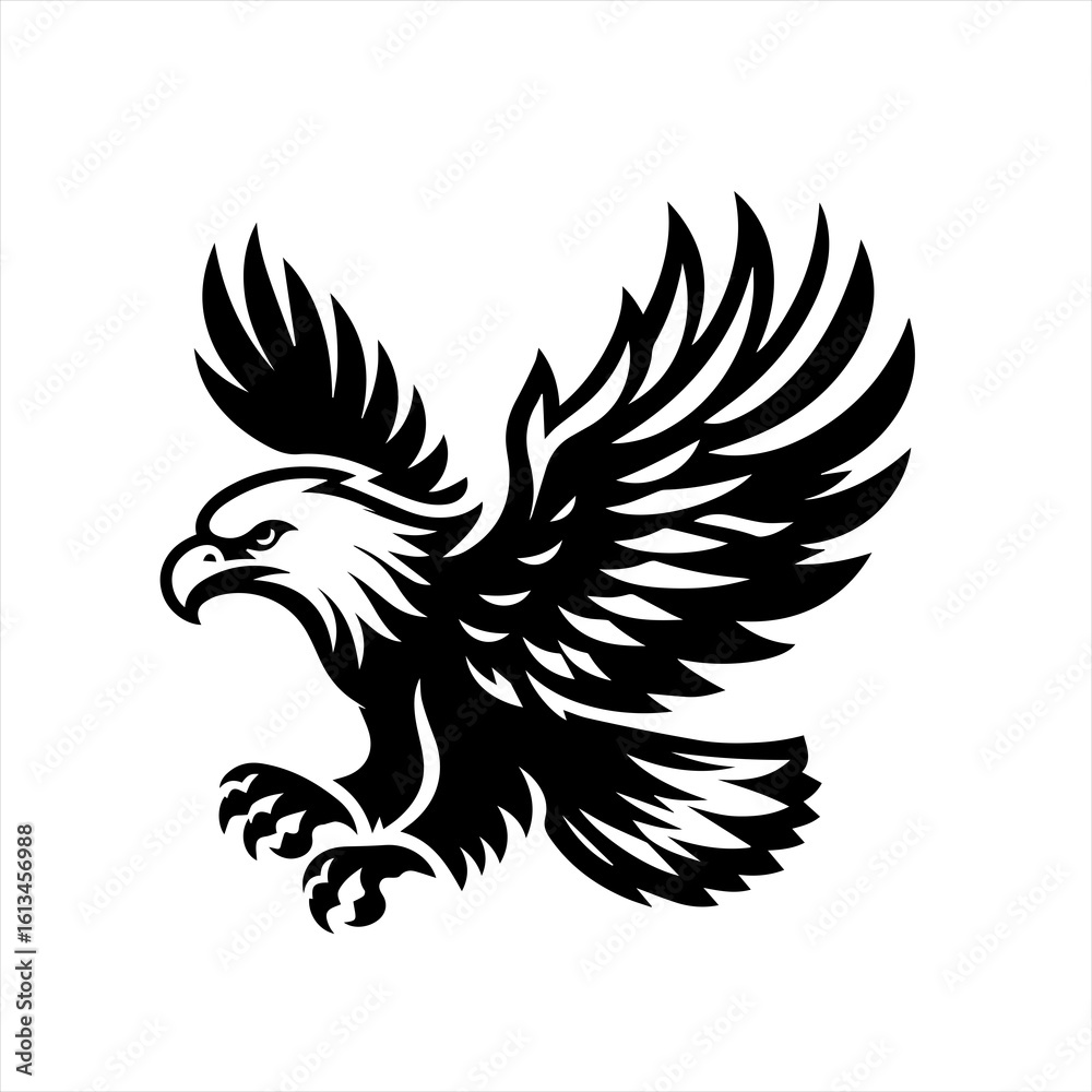 Obraz premium Stylized black eagle in flight with sharp talons and wings spread