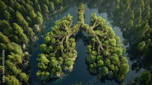 Aerial view of lush forest shaped like lungs surrounded by water