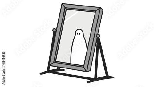 A ghost figure reflected in a standing mirror with a gray frame and stand against a white background