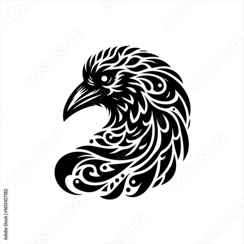 Tribal raven head design with intricate swirls and patterns