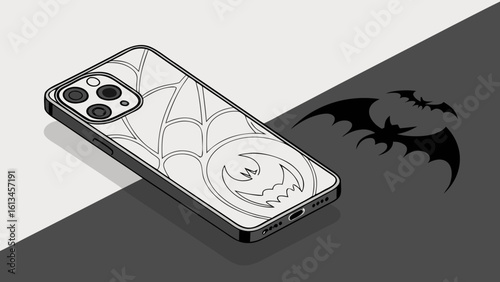Isometric view of a smartphone with a batman themed case on a two toned background with bat silhouettes