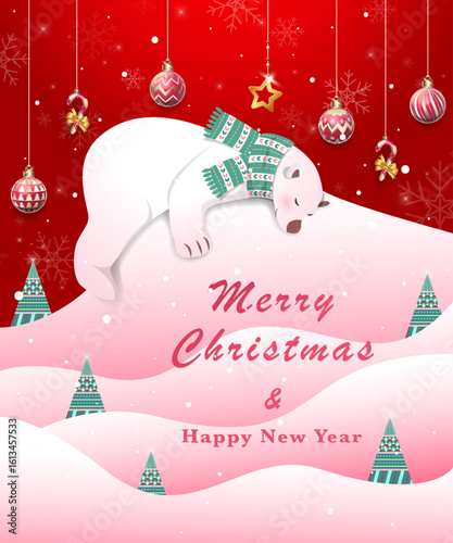 Modern Christmas card design featuring a sleeping polar bear in a cozy scarf rests on pink snow hills under festive hanging ornaments. Perfect for festive decoration, greetings card and poster design.