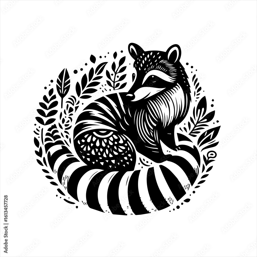 custom made wallpaper toronto digitalStylized black and white raccoon surrounded by leaves and dots