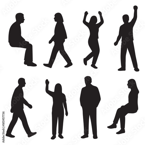 Set people outlines isolated on white background. Sitting, walking, dancing, etc. vector silhouette