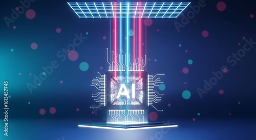 Illustration of dynamic ai processor emitting blue and red light streams, representing advanced technology and data flow