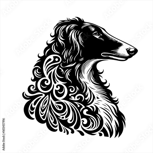 Elegant borzoi dog head with ornate decorative swirls and patterns