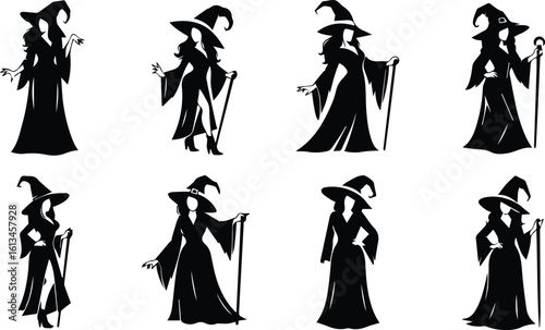 a set of black silhouette figures of women dressed as witches, holding staffs and casting spells