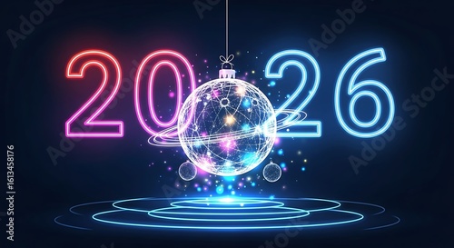 The year 2026 is illuminated by a sparkling digital globe and neon lights, heralding a bright future and celebration