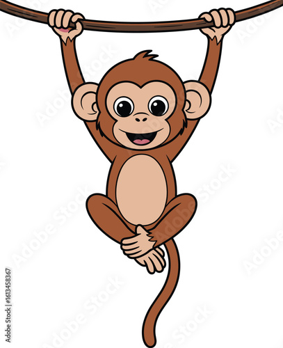 Cute cartoon baby monkey hanging on tree branch, smiling jungle animal illustration, vector character design for kids, wildlife clipart