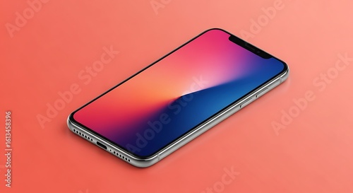 Modern smartphone with a vibrant gradient display rests on a warm coral background