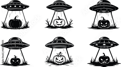 a collection of six black and white illustrations featuring ufos beaming down on jackolanterns, set against a white background