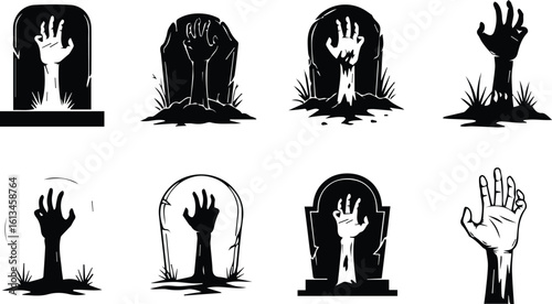 a set of eight zombie hands emerging from graves and tombstones, creating a spooky halloween horror scene