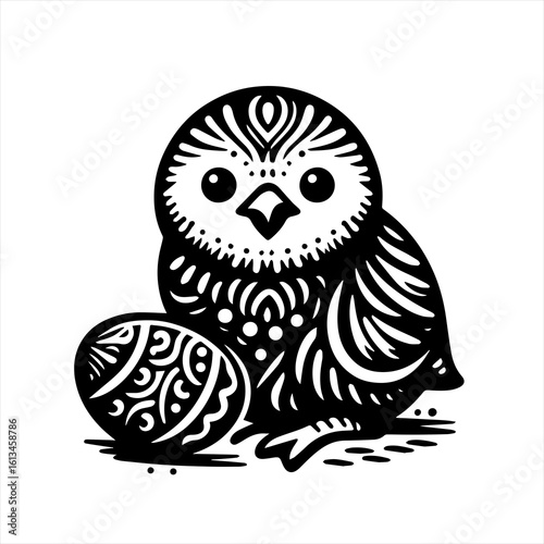 Cute black and white owl with decorative egg illustration