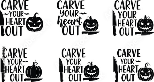 a collection of six halloween pumpkin carving designs with the phrase carve your heart out and a knife