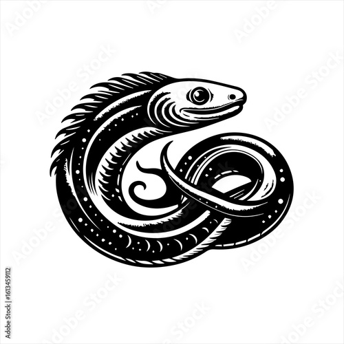 Stylized black and white illustration of a coiled eel