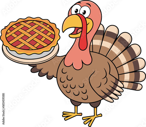 Cute cartoon turkey holding delicious pie, Thanksgiving holiday illustration, festive bird character, funny food vector art for celebration