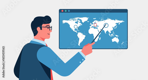 Businessman in glasses presenting a world map, using a pointer to highlight specific locations.