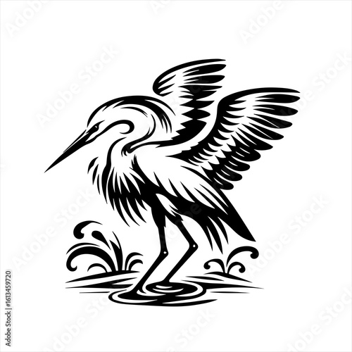 Stylized black and white heron bird in water