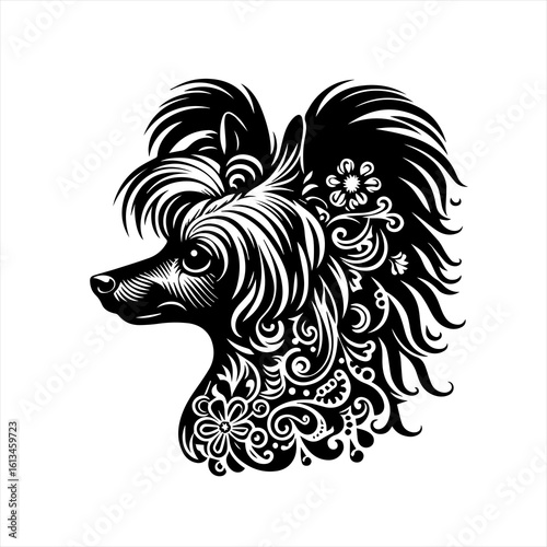 Elegant black and white stylized dog portrait with floral ornaments