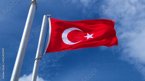 flag of Turkey on flagpole flutters in wind against sky, close-up,  slow motion
