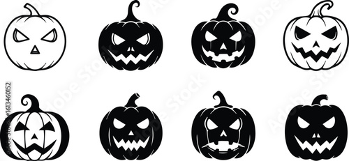 a collection of eight distinct halloween pumpkin jack o lantern designs with scary faces